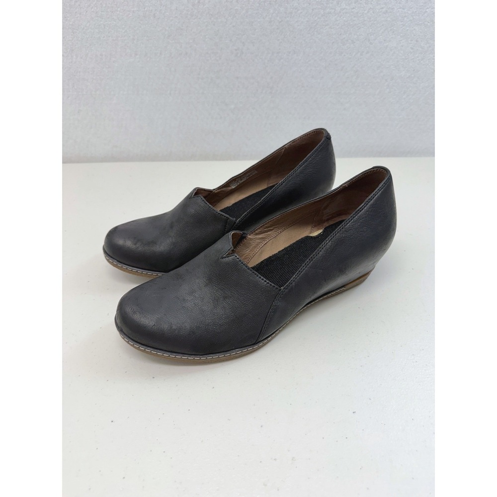 Dansko Black Leather Wedge Loafers Slip On Shoes Clogs 40 10
